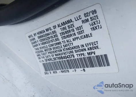 2009 Honda Odyssey Ex-L из США, поврежденный, VIN 5FNRL38799B404379